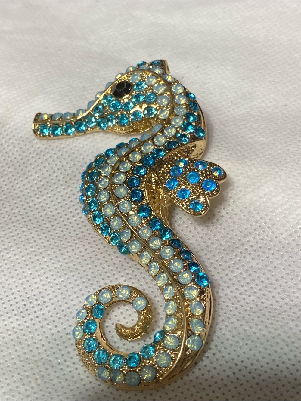 LARGE Gold tone & blue rhinestone Seahorse Brooch pin